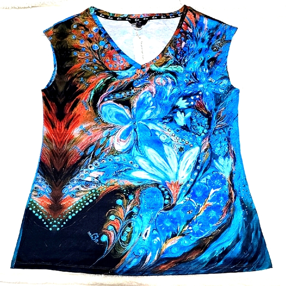 Fitted Blue and Orange Cap Sleeve Tank Top